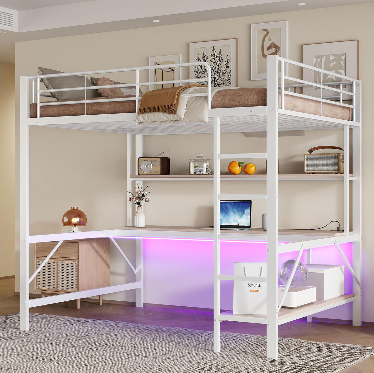 HOCHBETT 140/200 cm aus Metall mit Schreibtisch, Regal und LED-Beleuchtung Weiß - Weiß, Metall (140/200cm) - Modenvie
