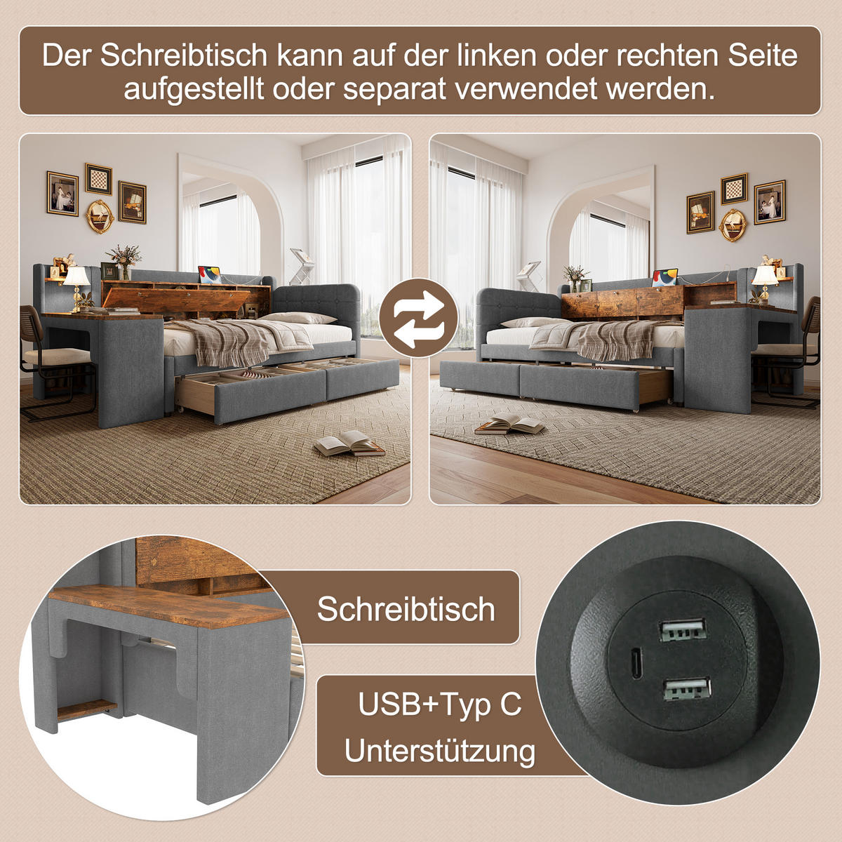 TAGEBETT 90x200cm Grau Leinen 2 Schubladen Schreibtisch USB-C - Grau, Holz (90/200cm) - FLIEKS