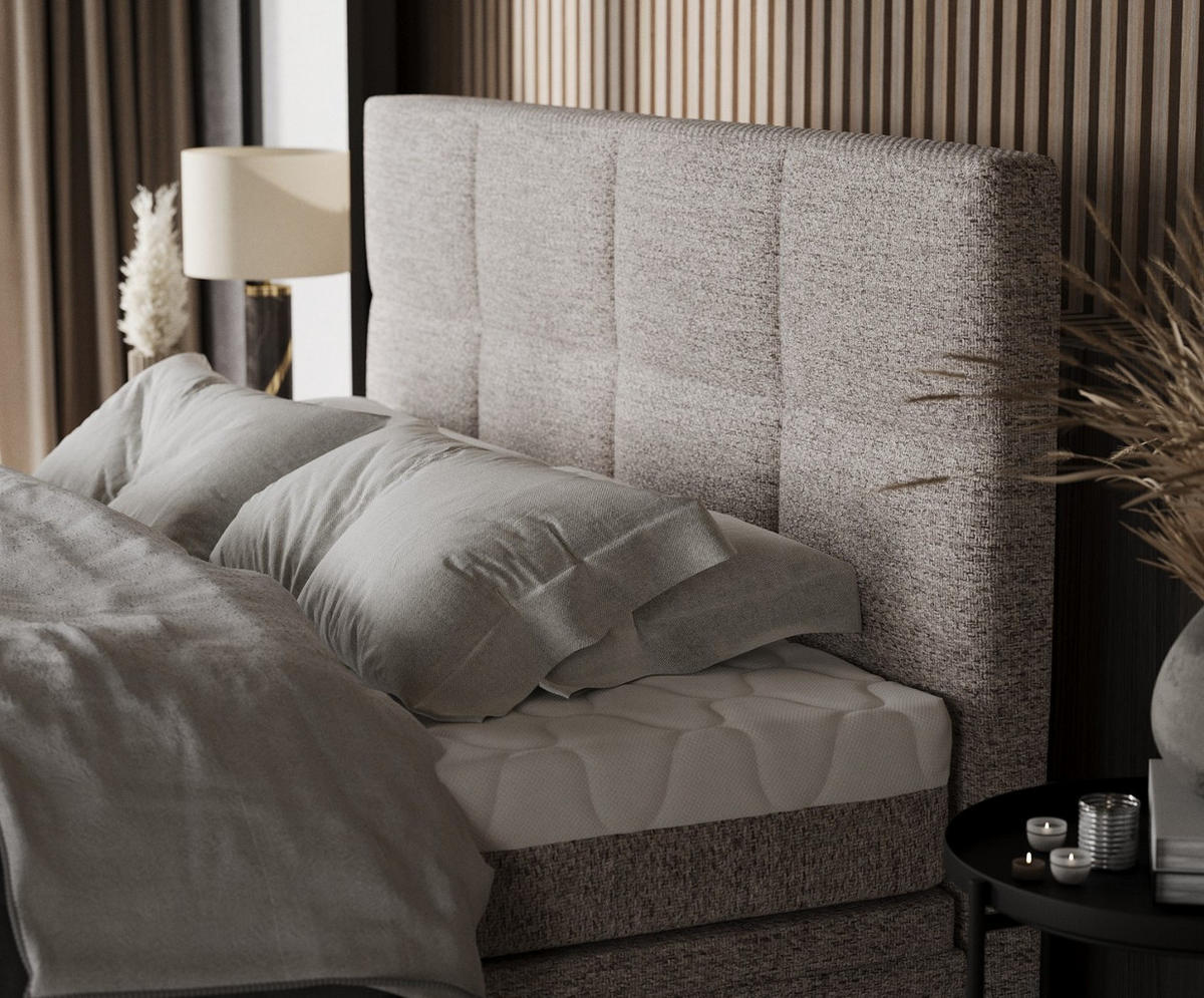 BOXBETT Tessa 140/200 cm Beige im Neve Stoff - Beige/Schwarz, Holz/Holzwerkstoff (140/200cm) - AltaBeds