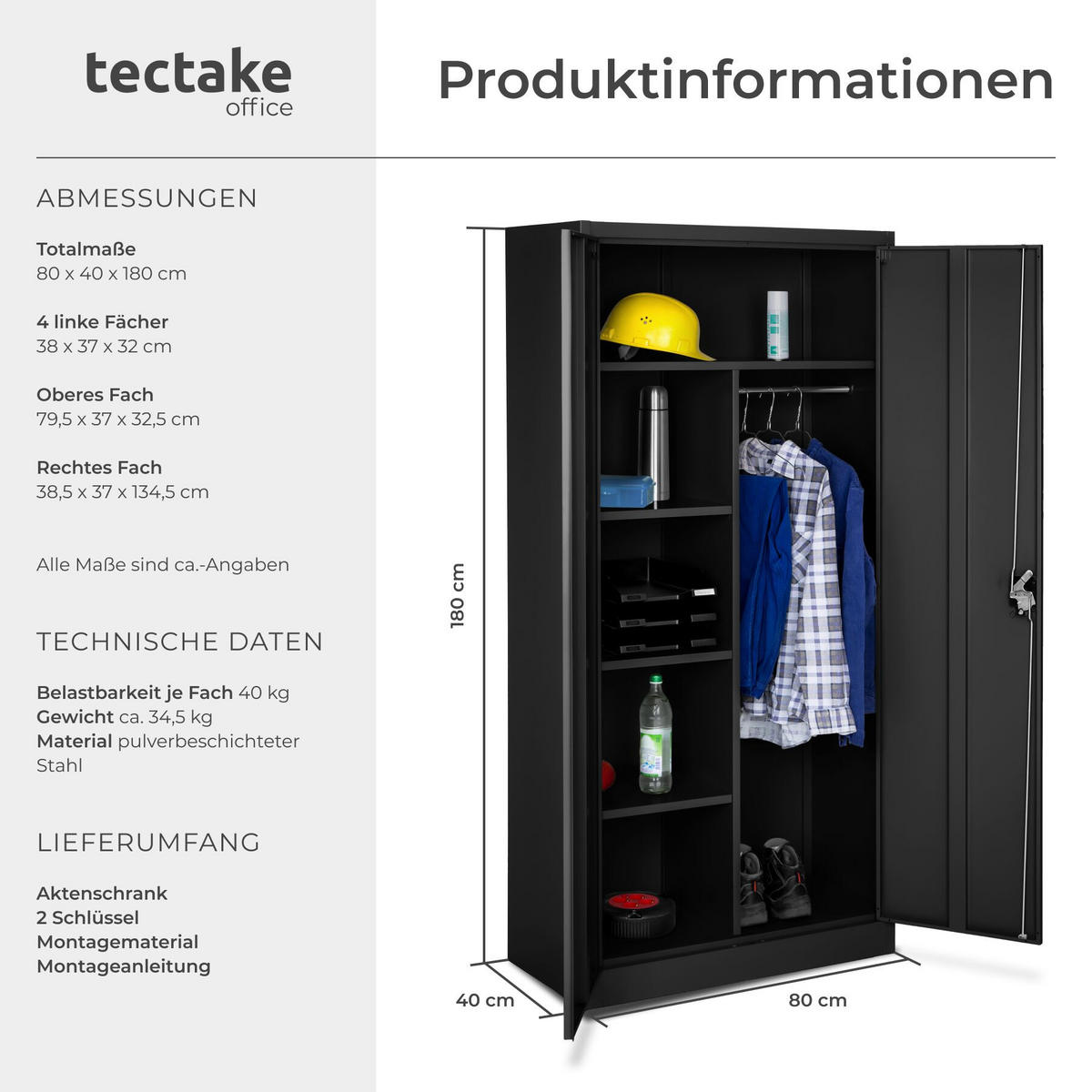 SPIND ,180 x 80 x 40 cm,schwarz - Schwarz, Metall (40/180/80cm) - tectake