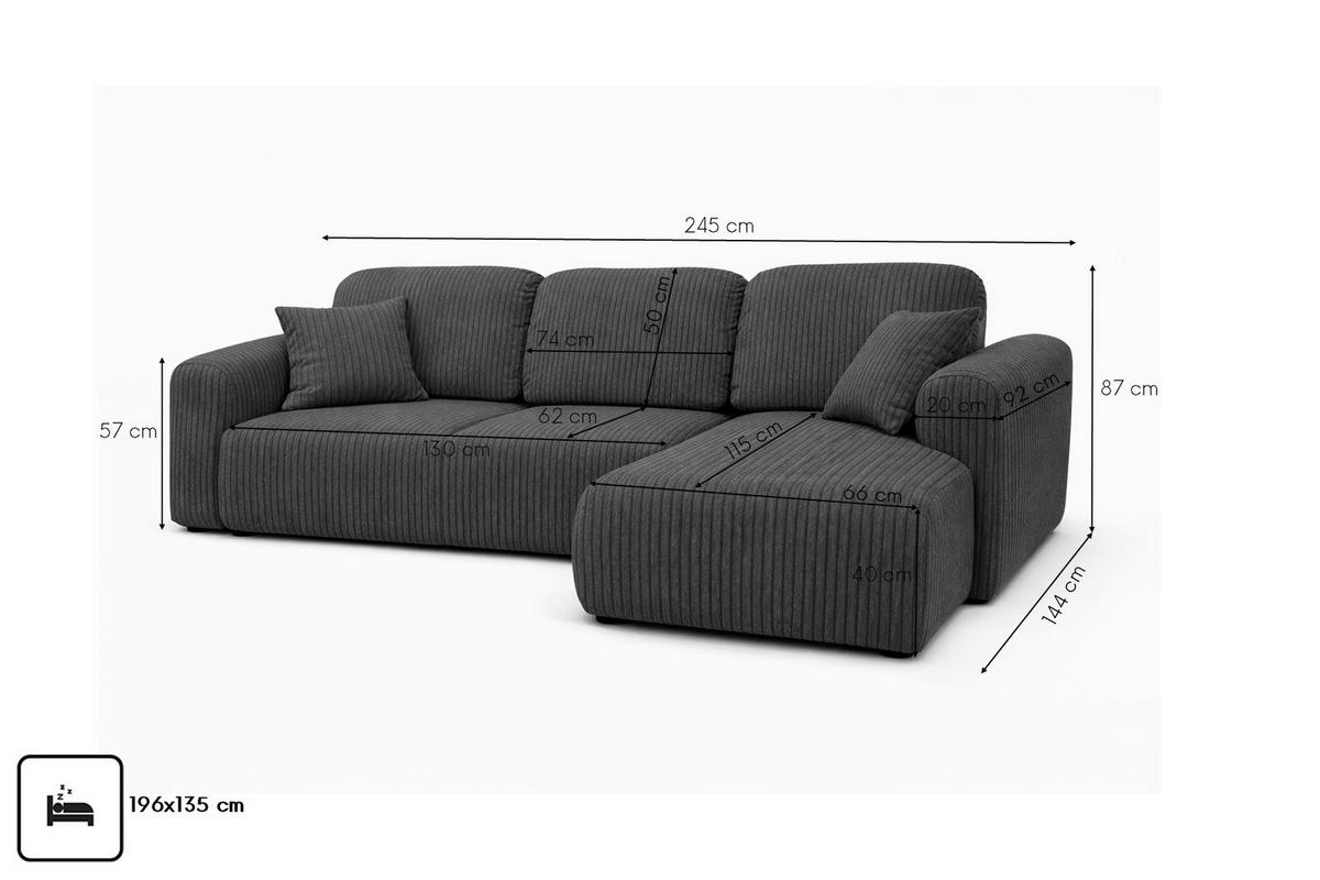 ECKSOFA Mit Schlaffunktion Und Bettkasten, Sofa L-Form Bingo L, Cordstoff Poso, Grau, Rechts - Grau, Holz (245/144cm) - Kaiser Möbel