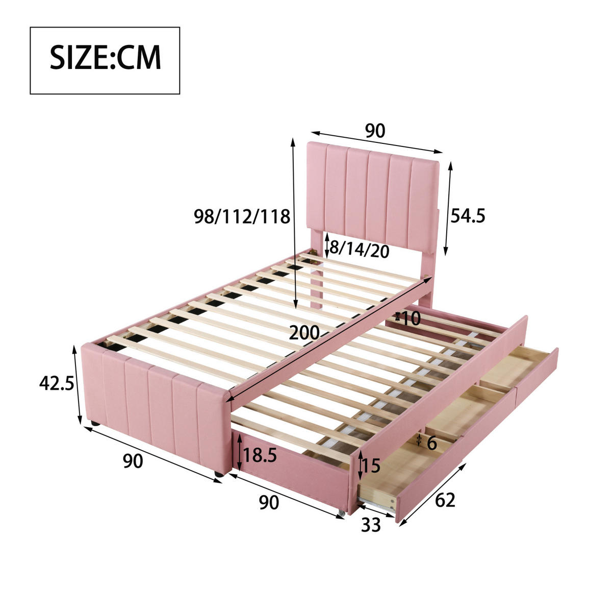 POLSTERBETT 90/200 cm Rosa mit Rollbett, 3 Schubladen & verstellbarem Kopfteil - Pink, Textil (90/200cm) - BEAOK