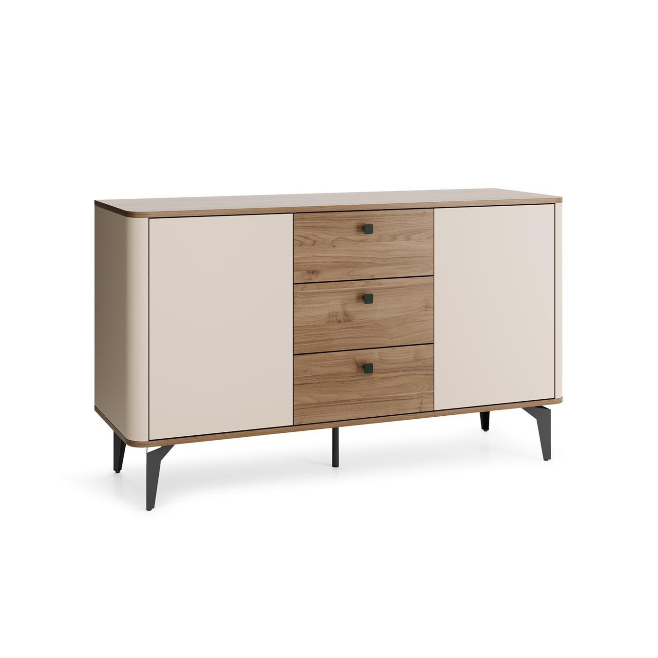 SIDEBOARD Aurena Kaschmir und Walnuss, Kommode mit 3 Schubladen und 2 Türen - Beige/Schwarz, Holzwerkstoff/Metall (88/81/40cm) - Bettso