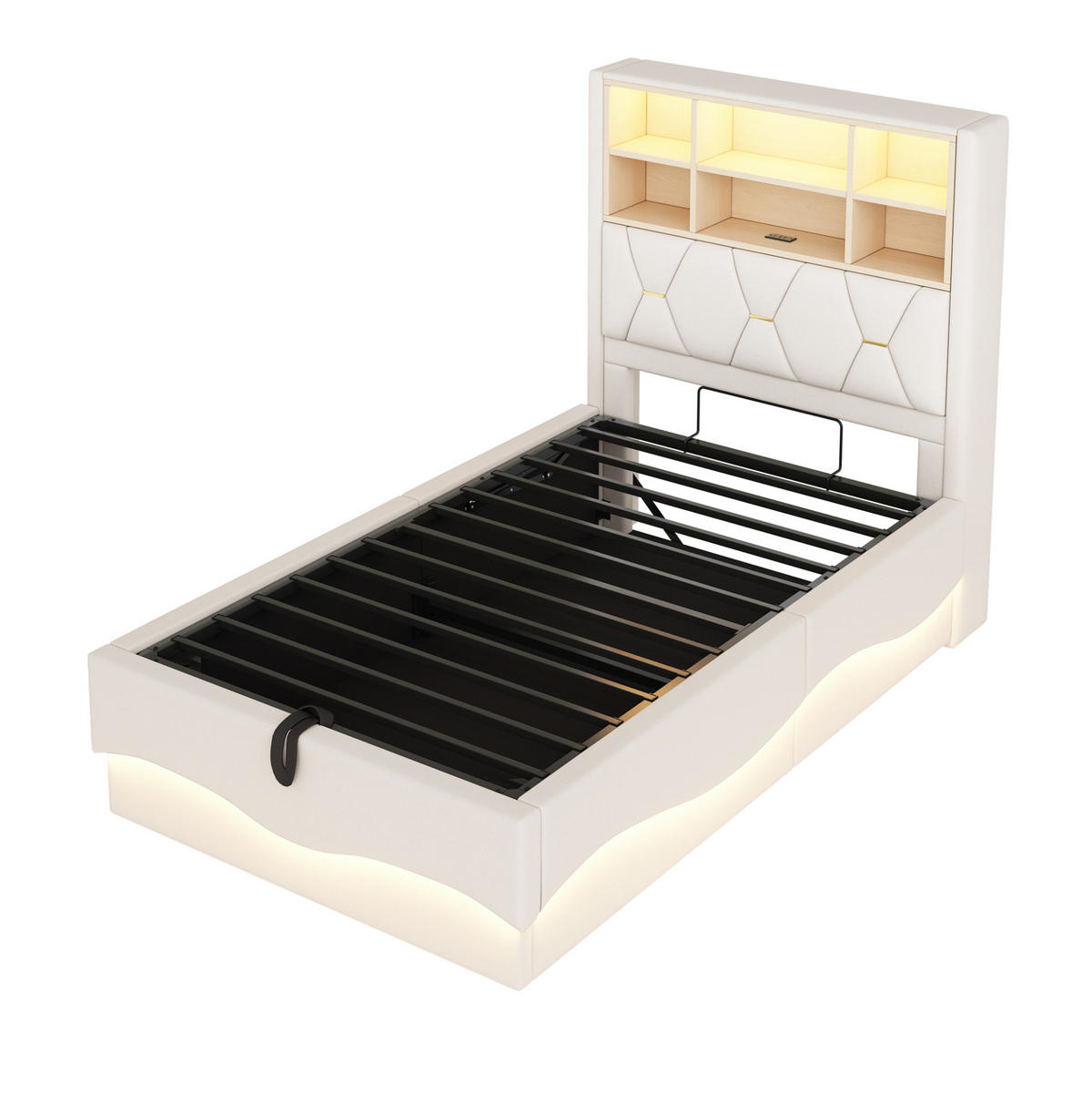 KINDERBETT 90/200 cm in Beige mit Stauraum, LED-Beleuchtung und USB-Anschluss - Beige, Metall (90/200cm) - Flora Grace