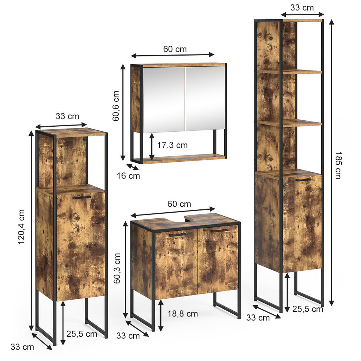BADMÖBEL-SET Fyrk Antikholz 4 Teile - Eichefarben/Schwarz, Holzwerkstoff (60/60/33cm) - Vicco