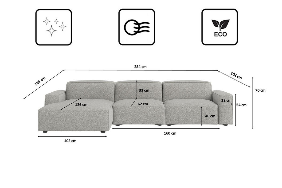 ECKSOFA Cursal L-Form, Stoff Artico, Cement, Links - Grau, Holz (284/166cm) - Kaiser Möbel