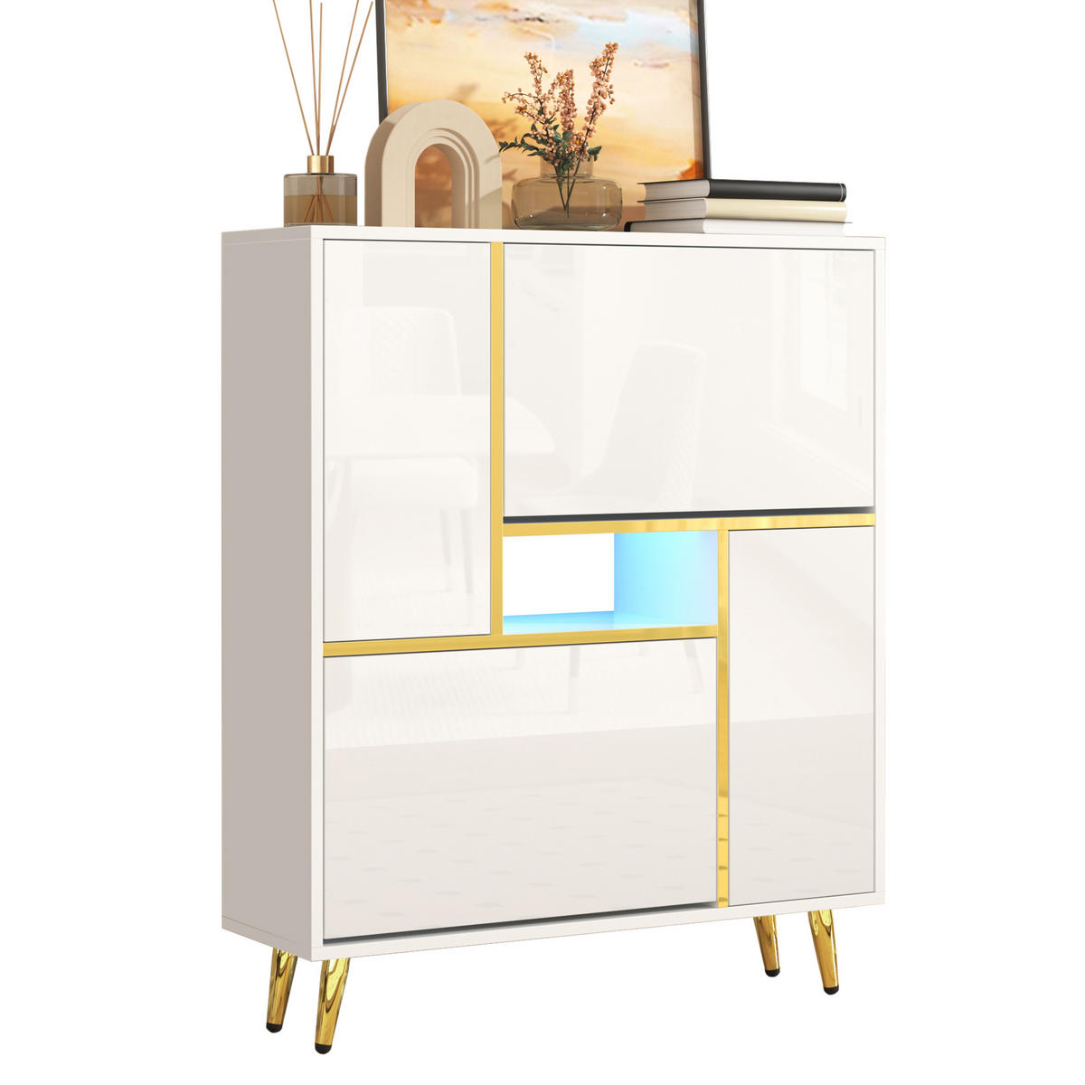 SCHUHSCHRANK 80x25x96 Weiß Hochglanz LED 16 Farben - Weiß, Holzwerkstoff (25/96/80cm) - FLIEKS