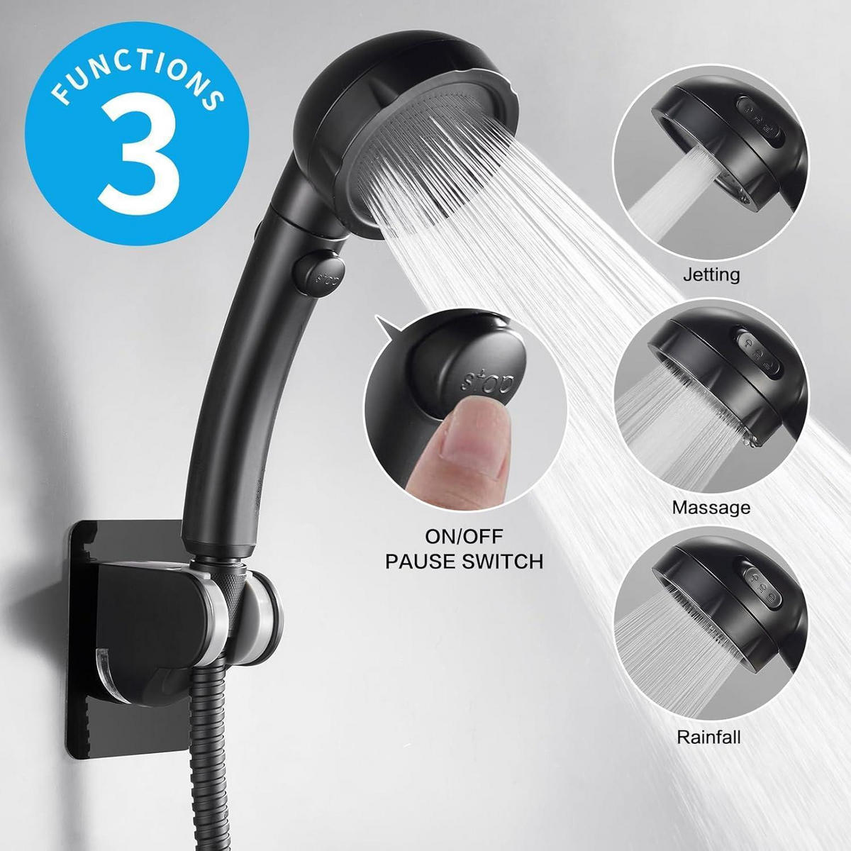 HANDBRAUSE Set Schwarz 3 Sprühmodi mit An/Aus-Schalter - Schwarz, Kunststoff (8/12.7/24cm)