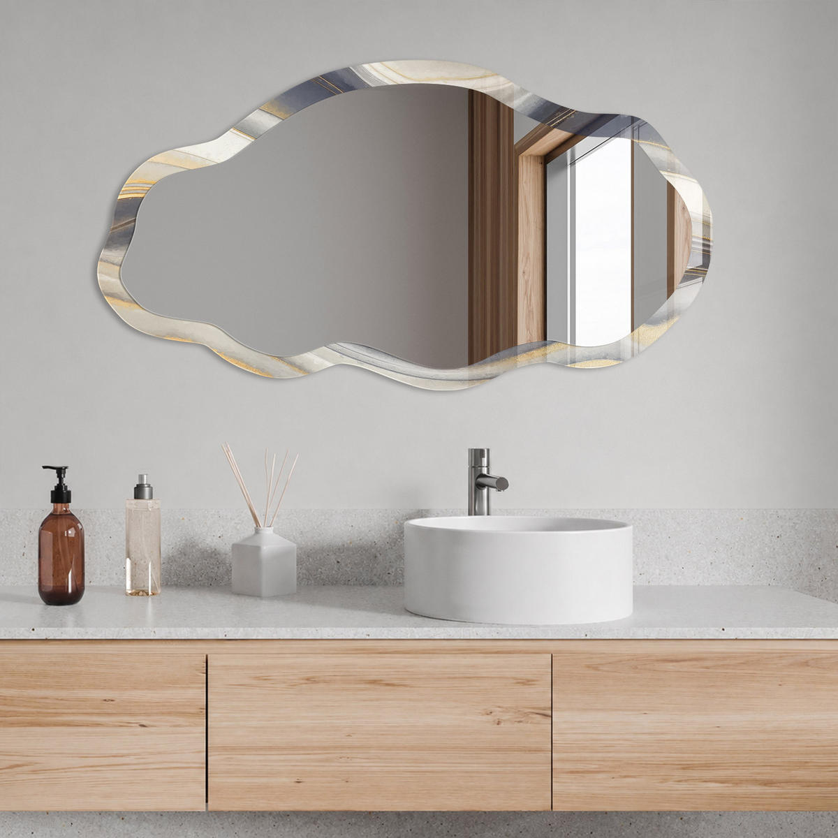 SPIEGEL 90x45 cm asymmetrisch mit Druck - Wellenmuster - Transparent, Glas (45/90/0.4cm) - TULUP