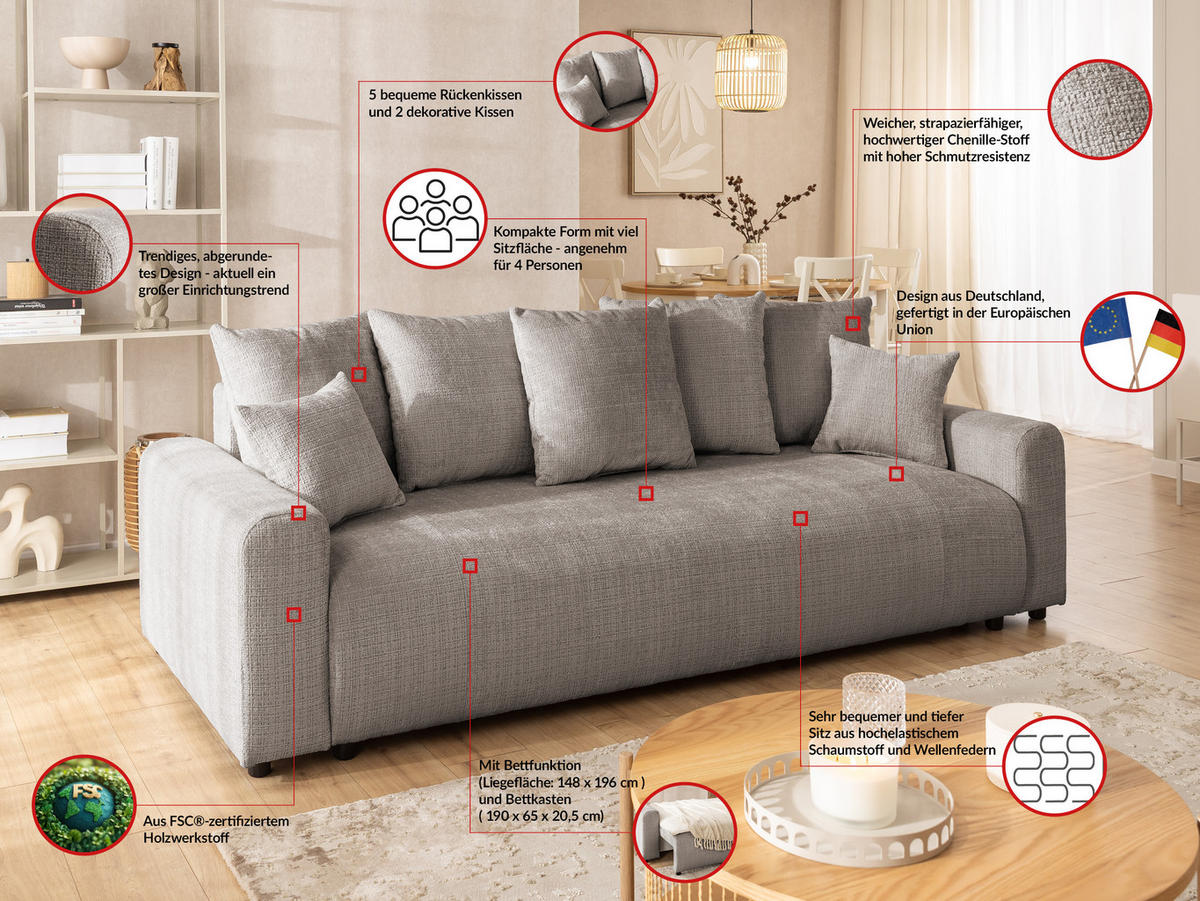 SCHLAFSOFA Calma mit Bettkasten im Bumpy-Design aus weichem Taupe Chenille-Stoff - Taupe/Schwarz, Holz/Kunststoff (239/88/98cm) - S-Style Möbel