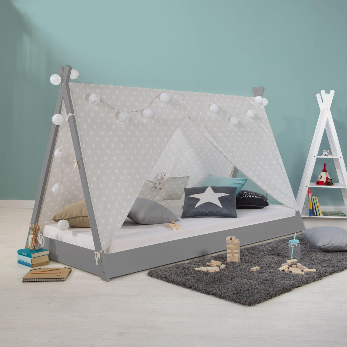 KINDERBETT Tipibett mit Matratze 90/200 cm Grau - Grau, Holz (208/132/105cm) - Homestyle4u