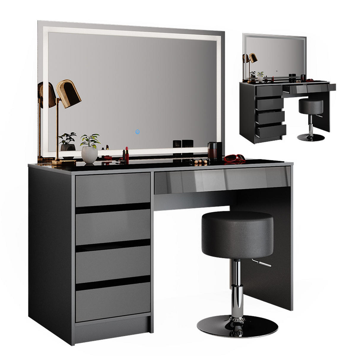 SCHMINKTISCH Sherry Anthrazit 120 cm mit LED-Spiegel und Hocker - Anthrazit, Holzwerkstoff (120/75/55cm) - Vicco