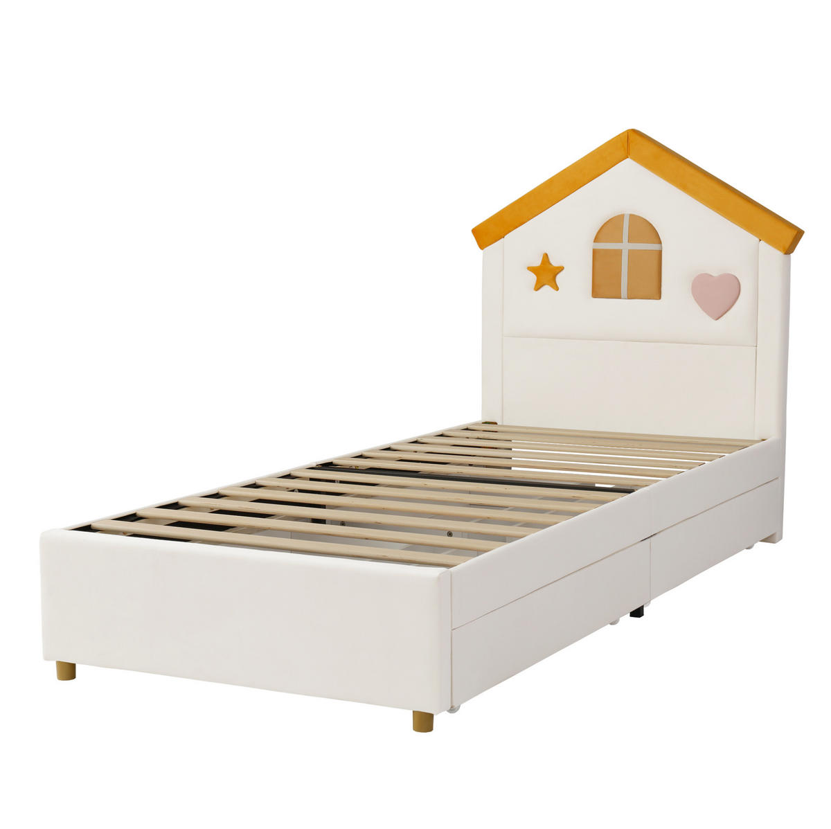 KINDERBETT aus Samt 90x200 cm Beige mit 4 Schubladen, Hauskopfteil und gepolstertem Design - Beige, Textil (90/200cm) - Modfu