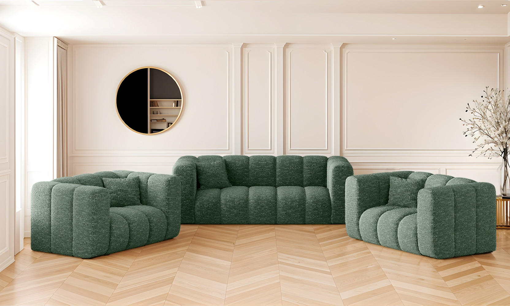 COUCHGARNITUR 2+1+1 Serie Grand Stilvol Stoff Haga Grün - Grün, Holz (197/70/91cm) - Kaiser Möbel