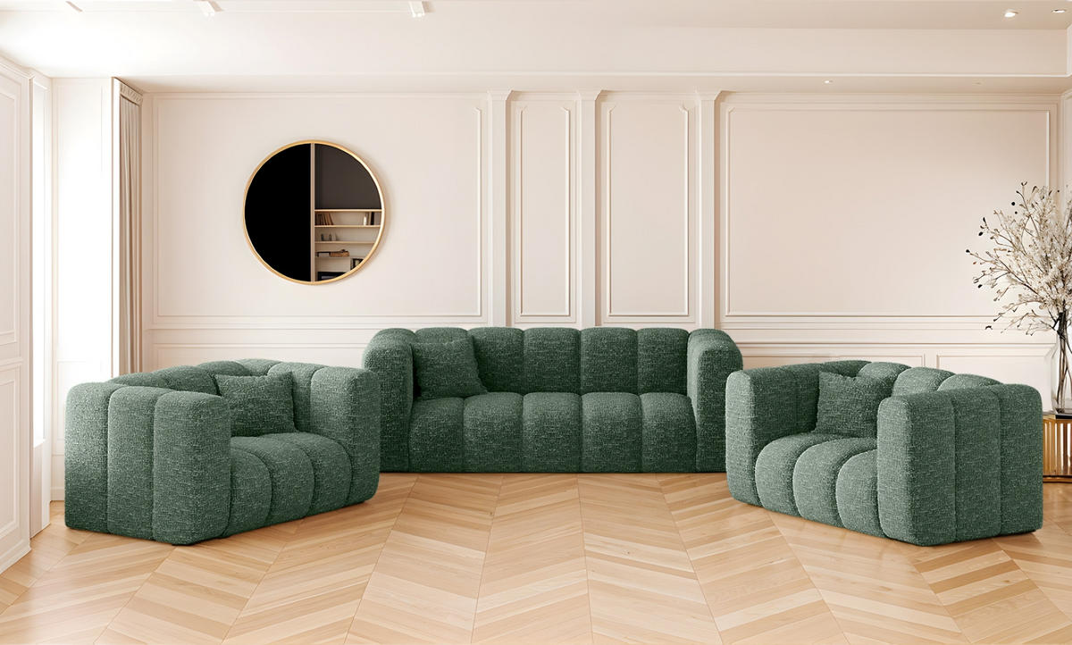 COUCHGARNITUR 2+1+1 Serie Grand Stilvol Stoff Haga Grün - Grün, Holz (197/70/91cm) - Kaiser Möbel