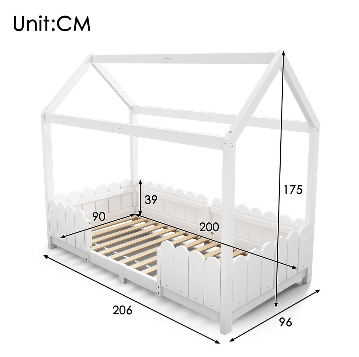 HAUSBETT 90/200 cm in Weiß – mit Dach und Rausfallschutz - Weiß, Holz (90/200cm) - BEAOK