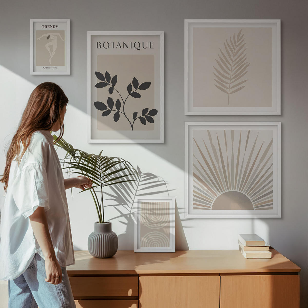 BILDER SET 5er Set - 50x50 cm & 20x30 cm & 40x60 cm Weißer Rahmen - Abstrakte Poster im Boho-Stil in Pastellfarben - Weiß, Kunststoff (40/60cm) - TULUP