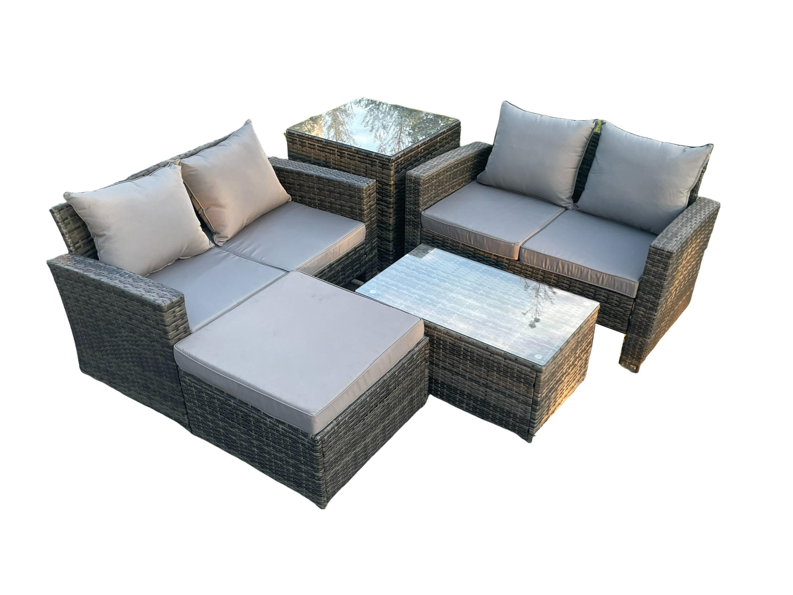 GARTENMÖBEL-SET MIT RECHTECKIGEM COUCHTISCH DOPPELSITZ-SOFA HOCKER BEISTELLTISCH Polyrattan Dunkelgrau Gemischt 5-Sitzer - Dunkelgrau, Metall - Fimous