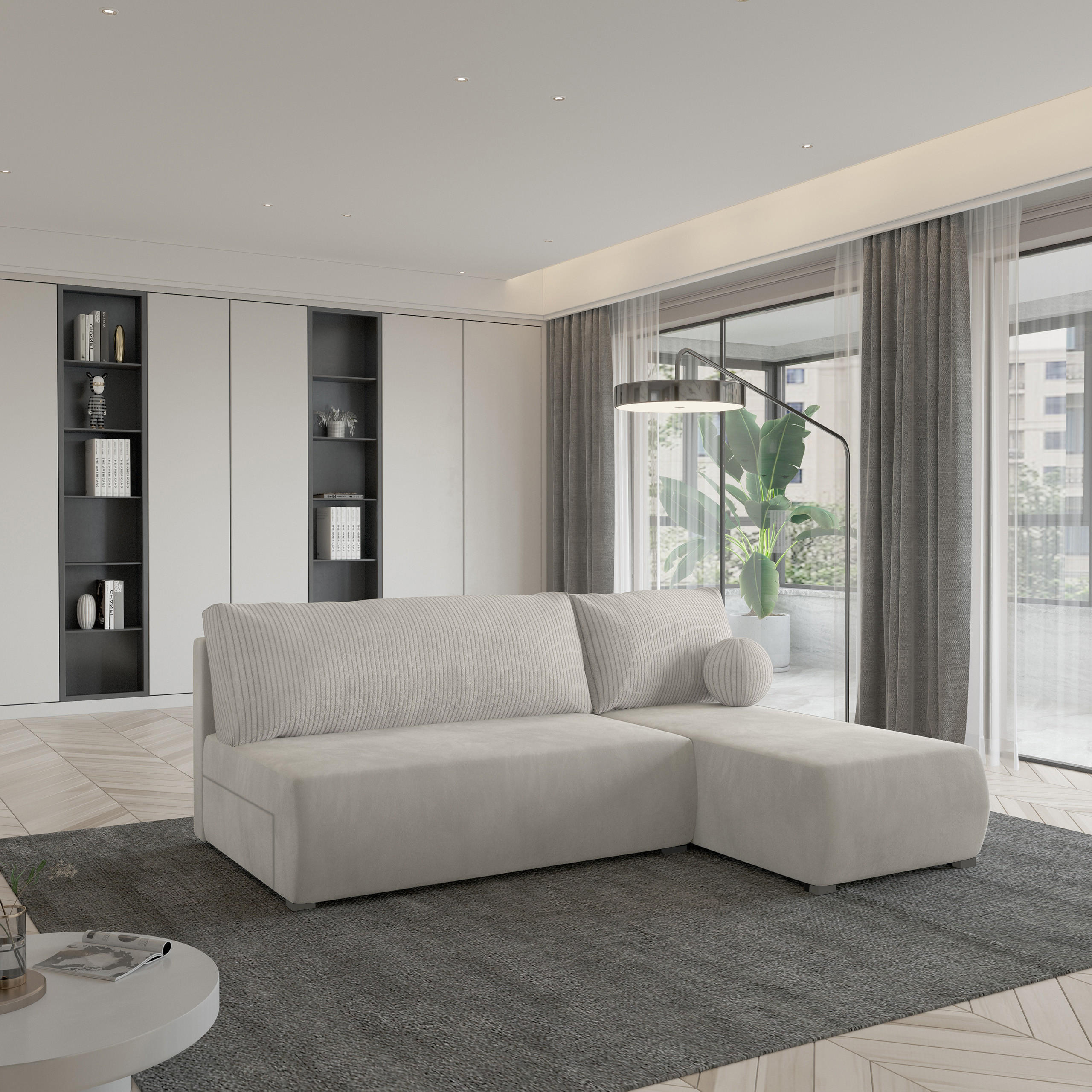 ECKSOFA PARVELO Creme Plüsch-Stoff mit Schlaffunktion - Creme, Holz (200/143cm) - MASSENO