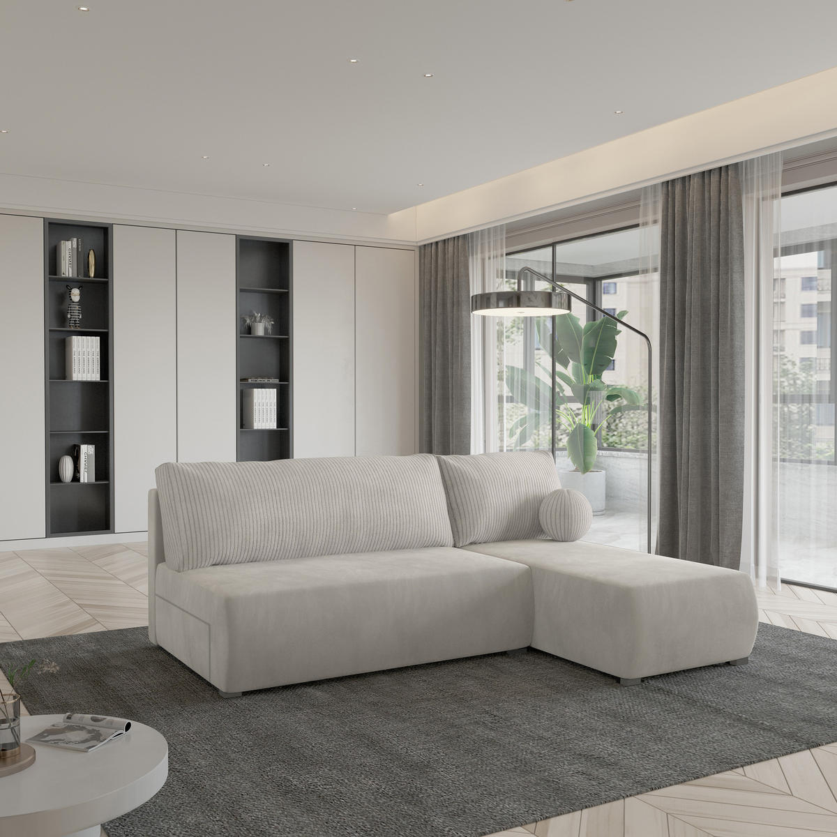 ECKSOFA PARVELO Creme Plüsch-Stoff mit Schlaffunktion - Creme, Holz (200/143cm) - MASSENO