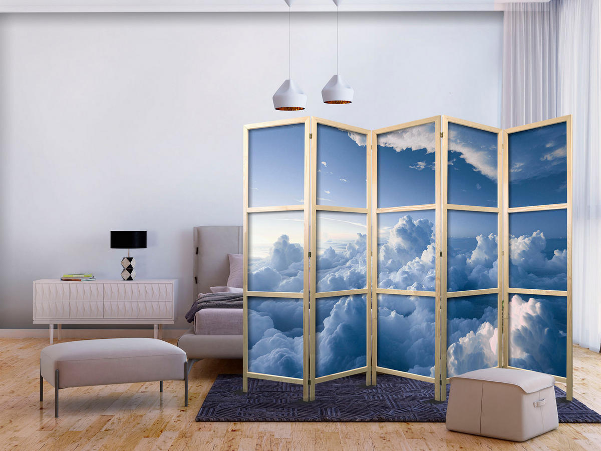 PARAVENT Japanischer 5-tlg 225x172 cm Wolken 3D - Blau, Holz/Textil (225/172/3cm) - Muralo