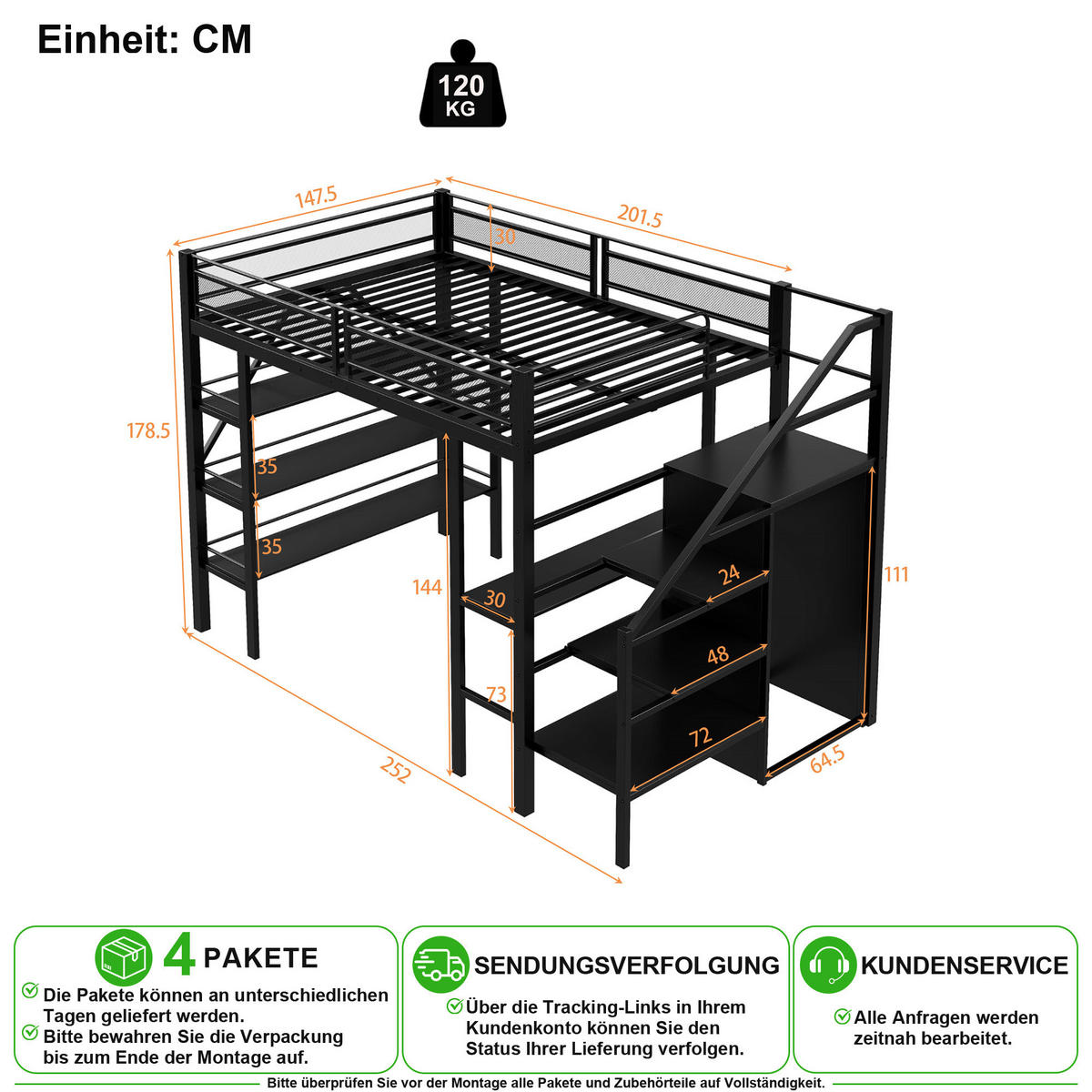 HOCHBETT 140/200 cm in Schwarz mit Regal, Schreibtisch und Kleiderschrank Metall - Schwarz, Holzwerkstoff/Metall (140/200cm) - CHICFURN