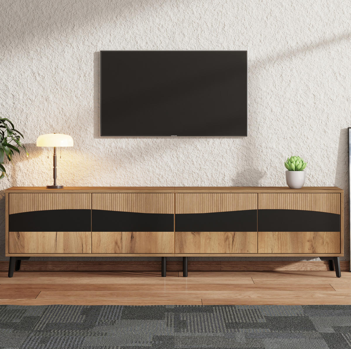 TV-LOWBOARD aus Spanplatte 180x40x50 cm Naturfarben/Schwarz mit 4 Türen, 4 Fächern und symmetrischem Design - Naturfarben, Holzwerkstoff (180/50/40cm) - Modfu