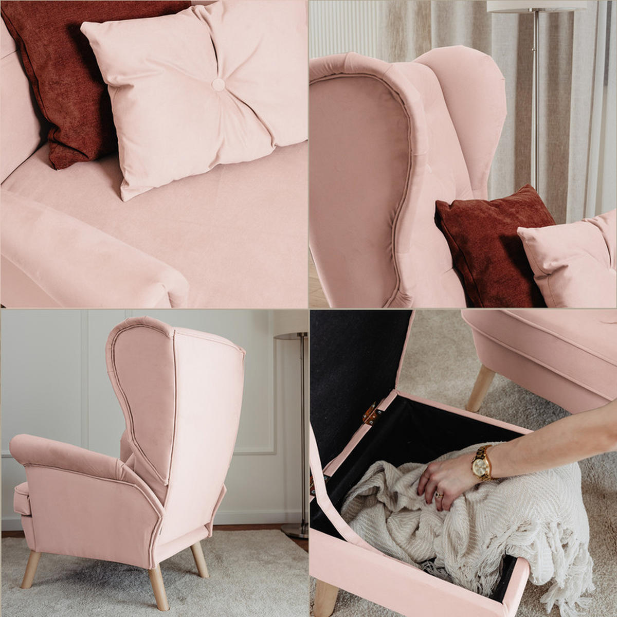 SESSEL CLASSIC mit Fußhocker und Buchenholzfüßen, Rosa - Rosa, Holz/Textil (92/107/80cm) - Idohome