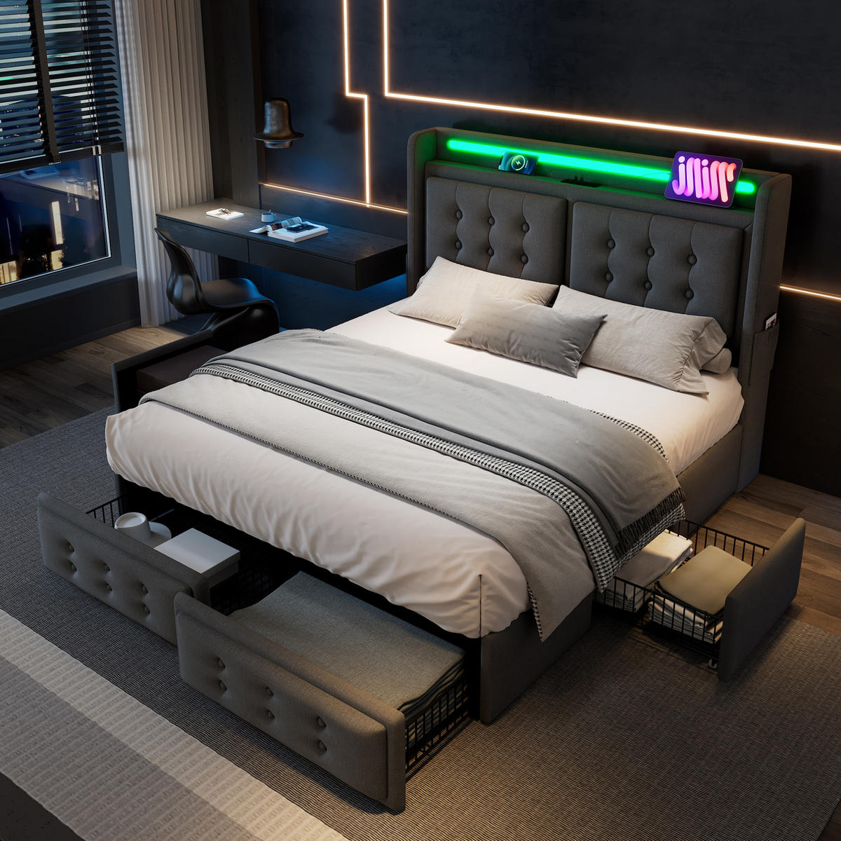 POLSTERBETT 140/200 cm mit LED-Beleuchtung und 4 Schubladen in Grau - Grau, Textil (140/200cm) - BEAOK