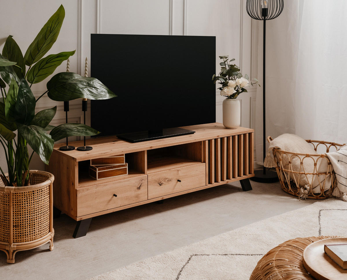 TV-LOWBOARD Eiche Artisan, grau 138 cm, Fernsehtisch mit 3D Lamellen - Anthrazit/Schwarz, Holzwerkstoff/Metall (138/44/40cm) - Furn.Design