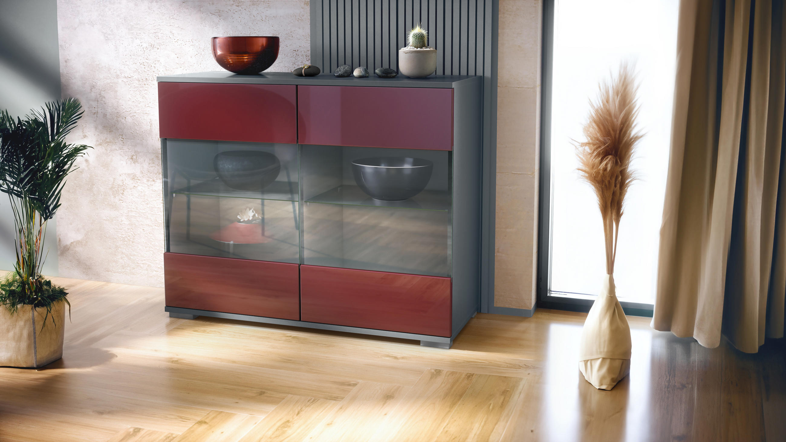 KOMMODE Bari Bordeaux Hochglanz - Bordeaux, Holzwerkstoff (92.5/75.5/35cm) - Vladon