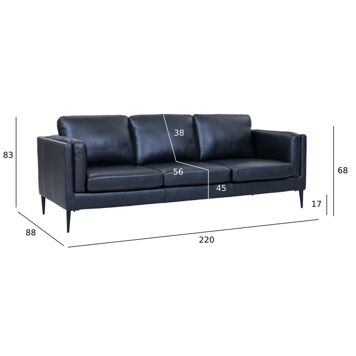 DREISITZER-SOFA Echtleder Schwarz - Schwarz, Leder/Metall (220/83/88cm) - Furnhouse