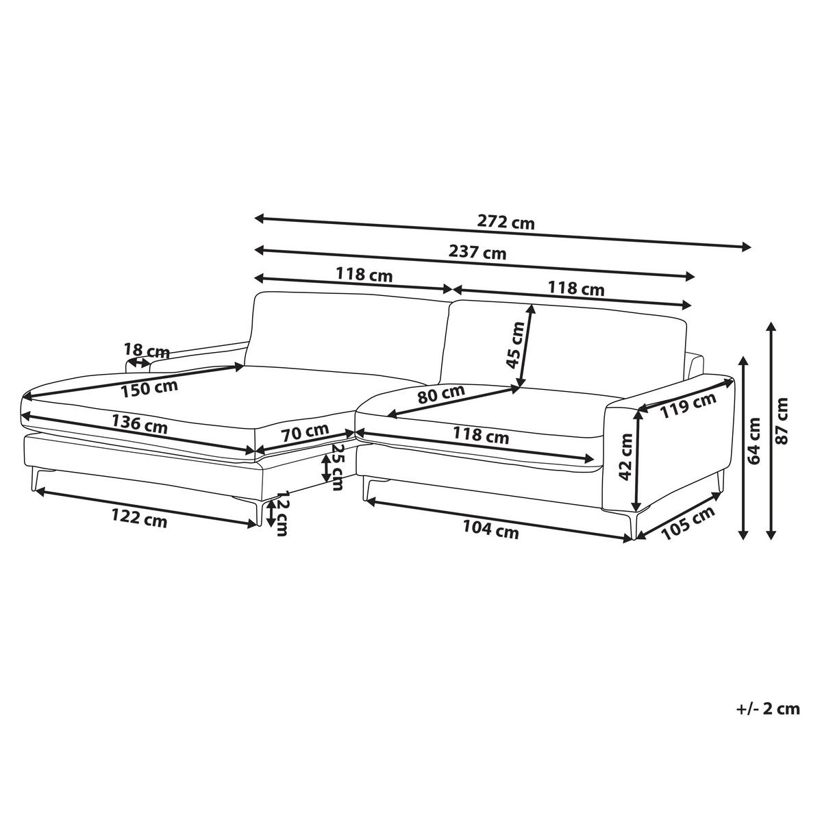 3-SITZER-ECKSOFA hellgrau linksseitig Maloy - Schwarz/Grau, Textil (272/189cm) - Beliani