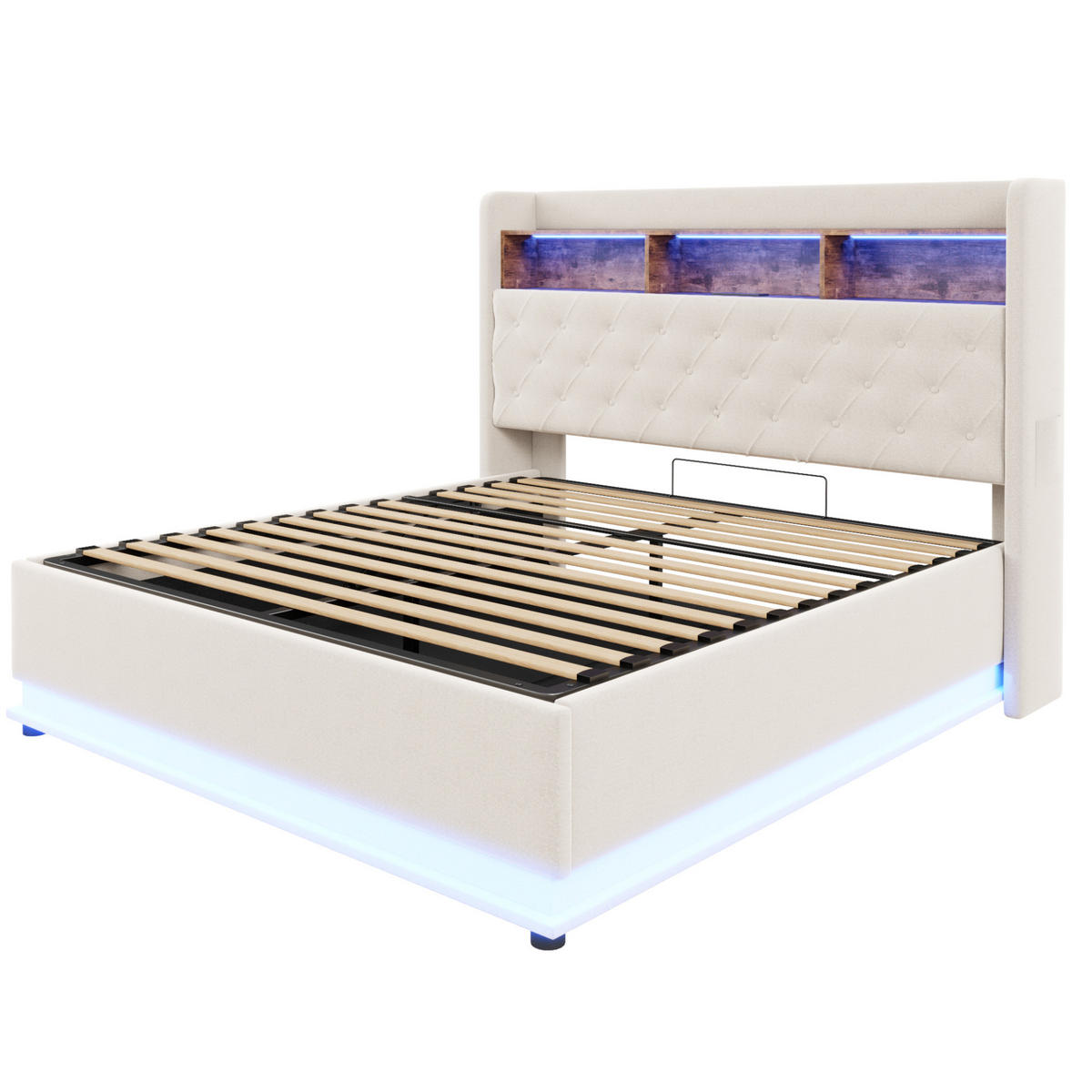 POLSTERBETT 180/200 cm Beige mit USB-Ladeanschluss und hydraulischem Stauraum - Beige, Textil (180/200cm) - OKWISH