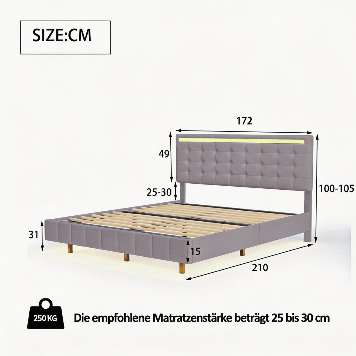 POLSTERBETT 160x200 cm mit LED und USB, Doppelbett mit Lattenrost und Kopfteil höhenverstellbares, Leinenbezug, Grau - Grau, Holz/Textil (160/200cm) - GENKI LIVING