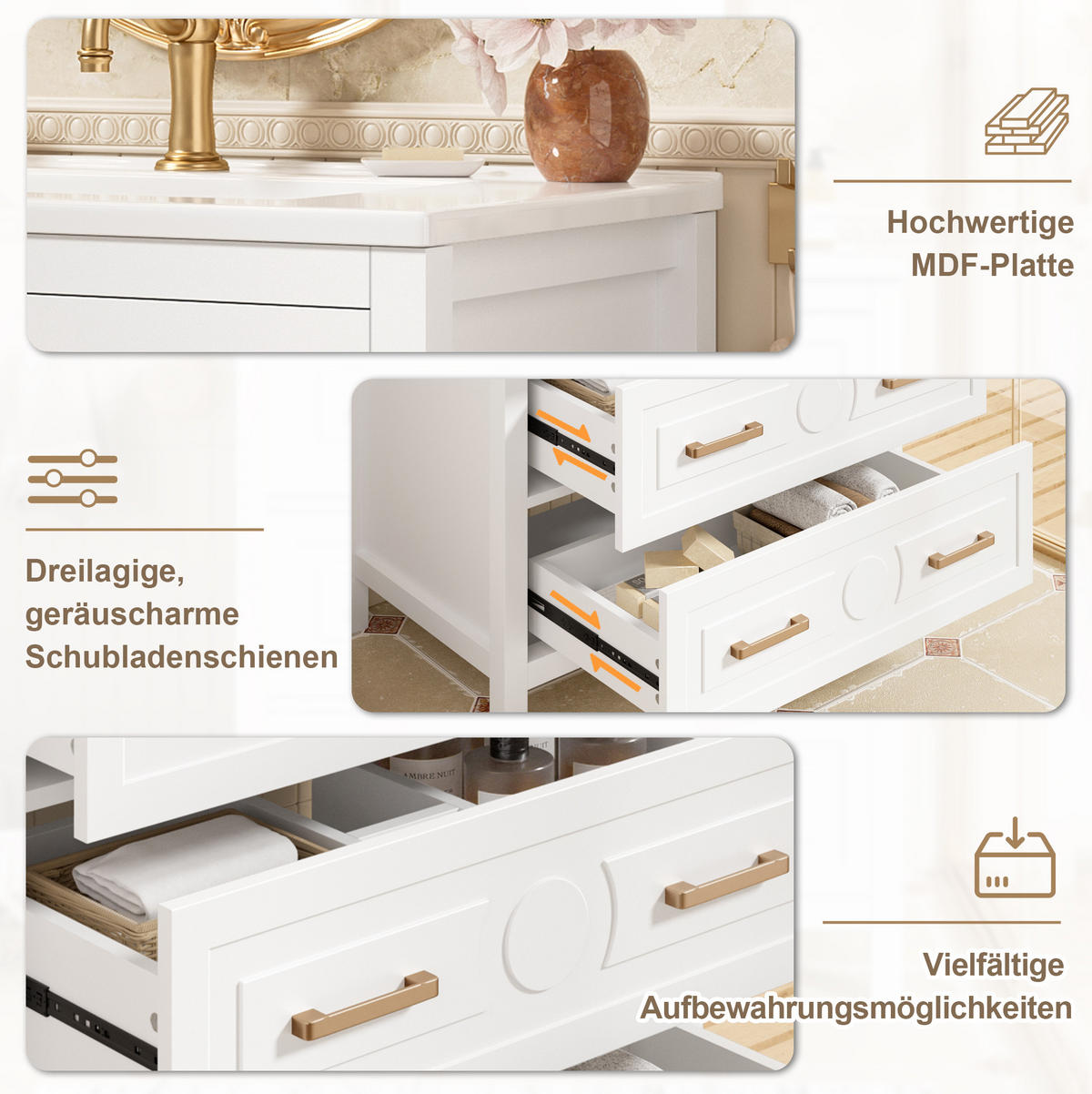 WASCHTISCH MDF/Keramik 76,5x47x82 cm Weiß mit 3 Schubladen und integriertem Keramikbecken - Weiß, Keramik (76.5/82/47cm) - Modfu