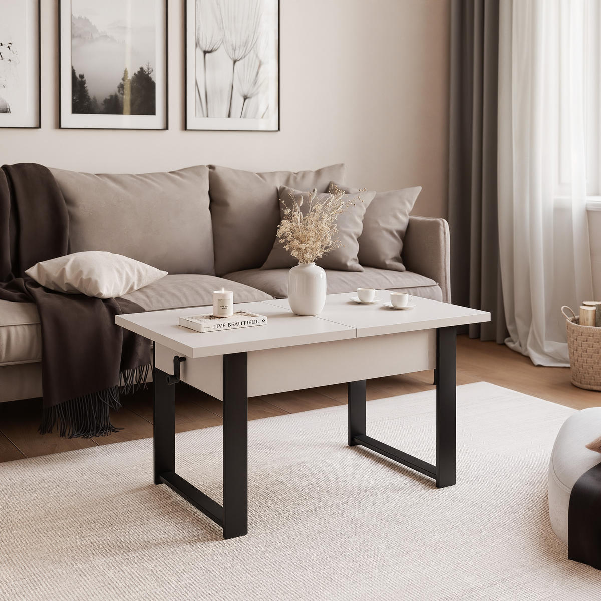COUCHTISCH TIVOR Multifunktionalität 3-in-1 - Kaschmir/Schwarz, Holzwerkstoff/Metall (67/120/63.5cm) - Idohome