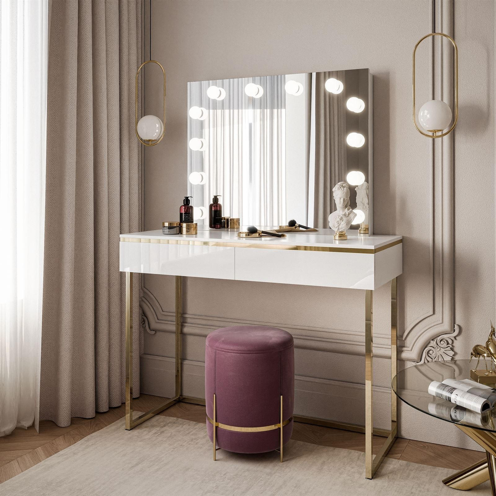 Thumbnail - Lookway Schminktisch, Weiß Hochglanz, Holzwerkstoff, Uni, 2 Schubladen, Rechteckig, 102x144x44 cm, Schlafzimmer, Schmink...