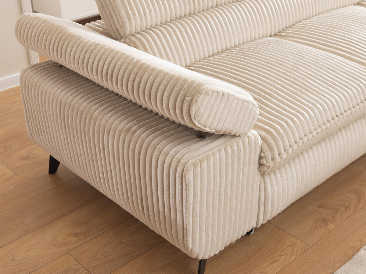 ECKSOFA mit Schlaffunktion und Bettkasten Bonnie aus Hellbeige Cord-Stoff mit verstellbaren Kopfstützen und Armlehne - Ottomane rechts - Beige/Schwarz, Holz/Textil (275/210cm) - S-Style Möbel