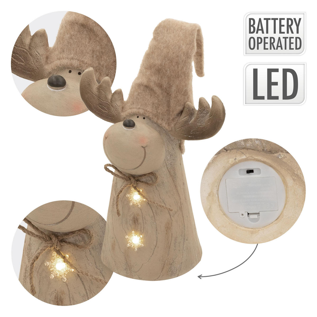 FIGURKA VÁNOČNÍHO SOBÍKA s LED osvětlením, vánoční dekorace do interiéru, výškově nastavitelná 45–63 cm, hnědá, vzhled dřeva - hnědá, kámen (30/63/21cm) - ECD-Germany