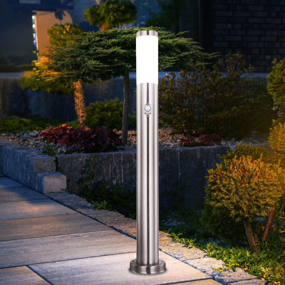 STEHLEUCHTE Edelstahl Silber mit Bewegungsmelder - Silberfarben, Metall (7.6/11/80cm)
