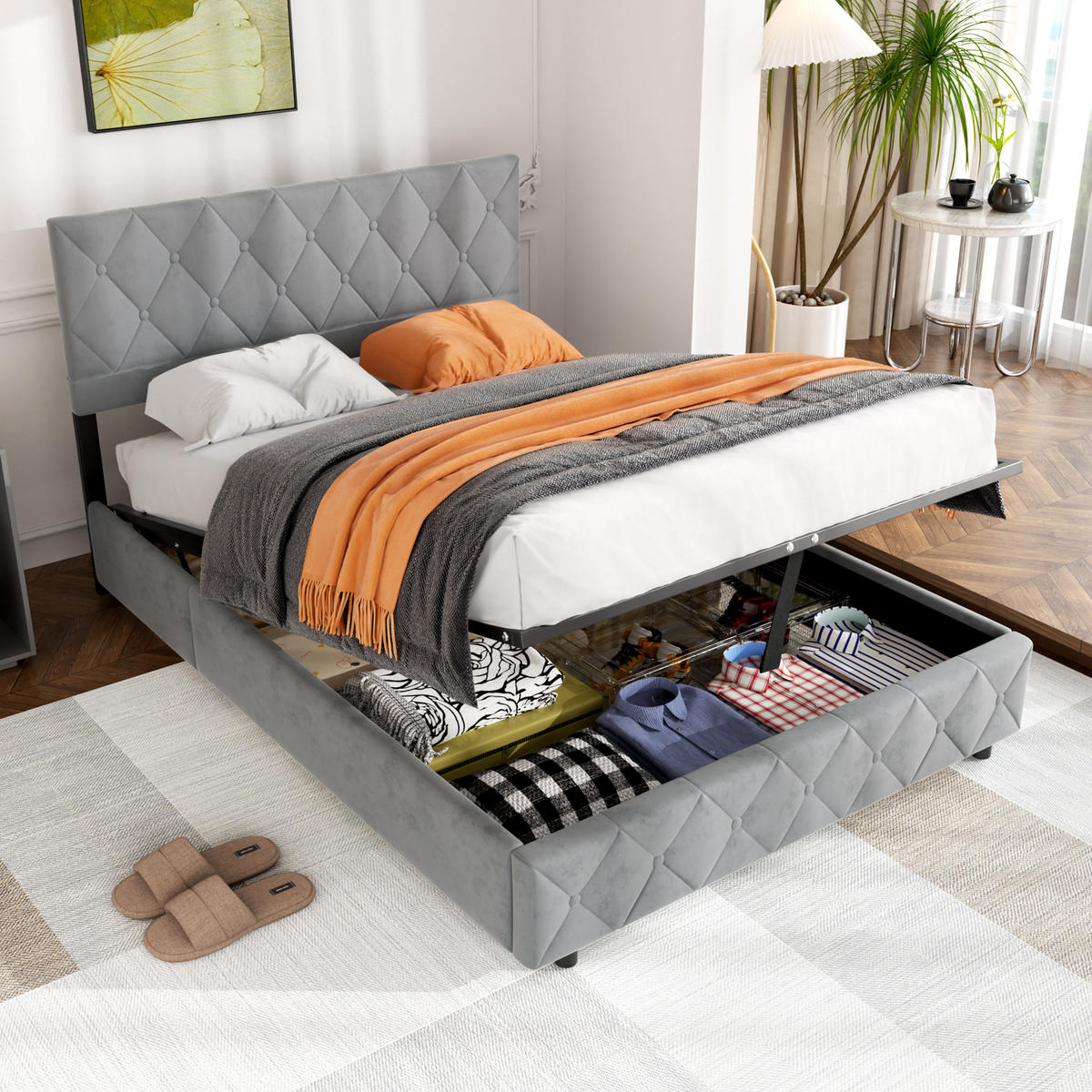 POLSTERBETT aus Samt 140x200 cm Grau mit hydraulischem Stauraum - Grau, Textil (140/200cm) - Modfu
