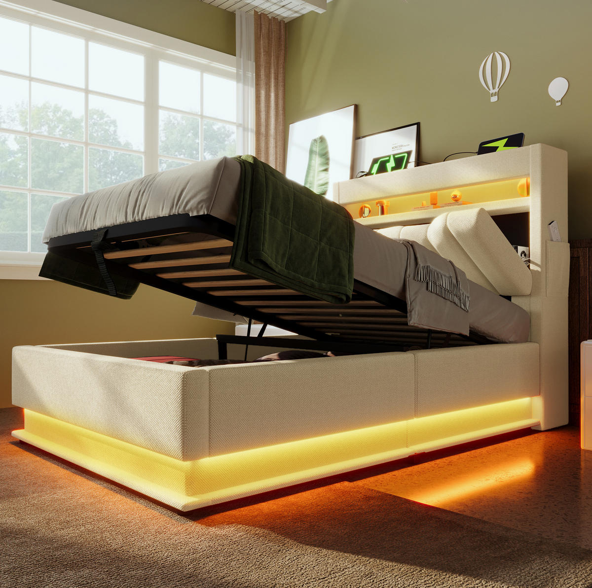 POLSTERBETT aus Leinen 90x200 cm in Beige mit LED & Matratze - Beige, Textil (90/200cm) - Modfu