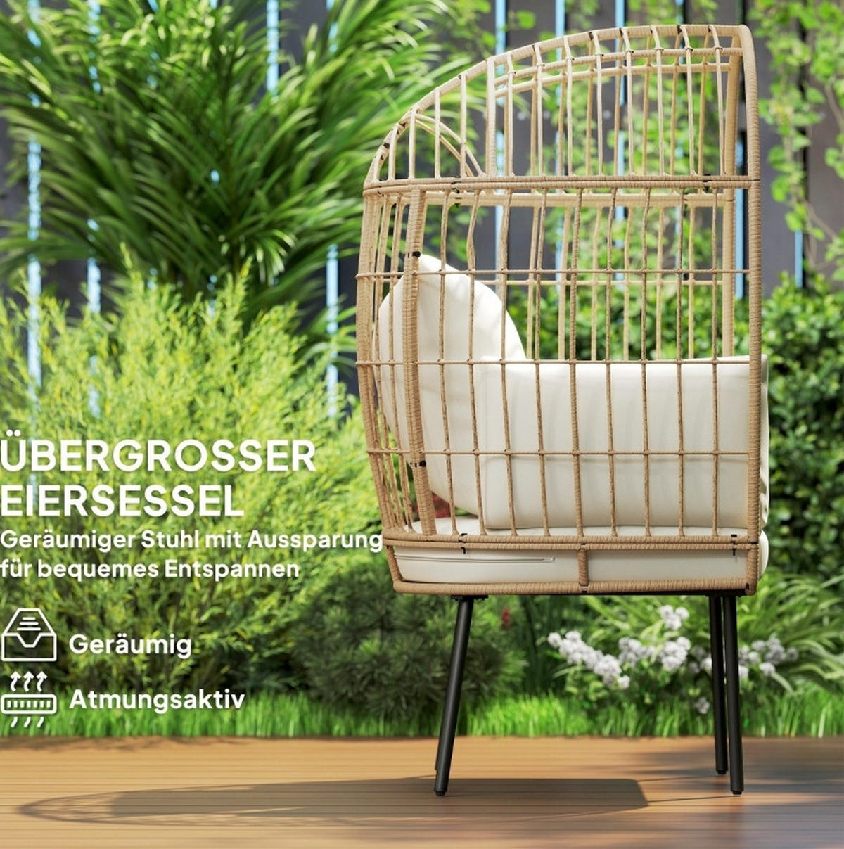 RATTANSESSEL 95/80/155 cm mit abnehmbaren Kissen und Stahlgestell, wetterfestes Rattan, Beige - Beige, Metall (95/155/80cm) - Redom