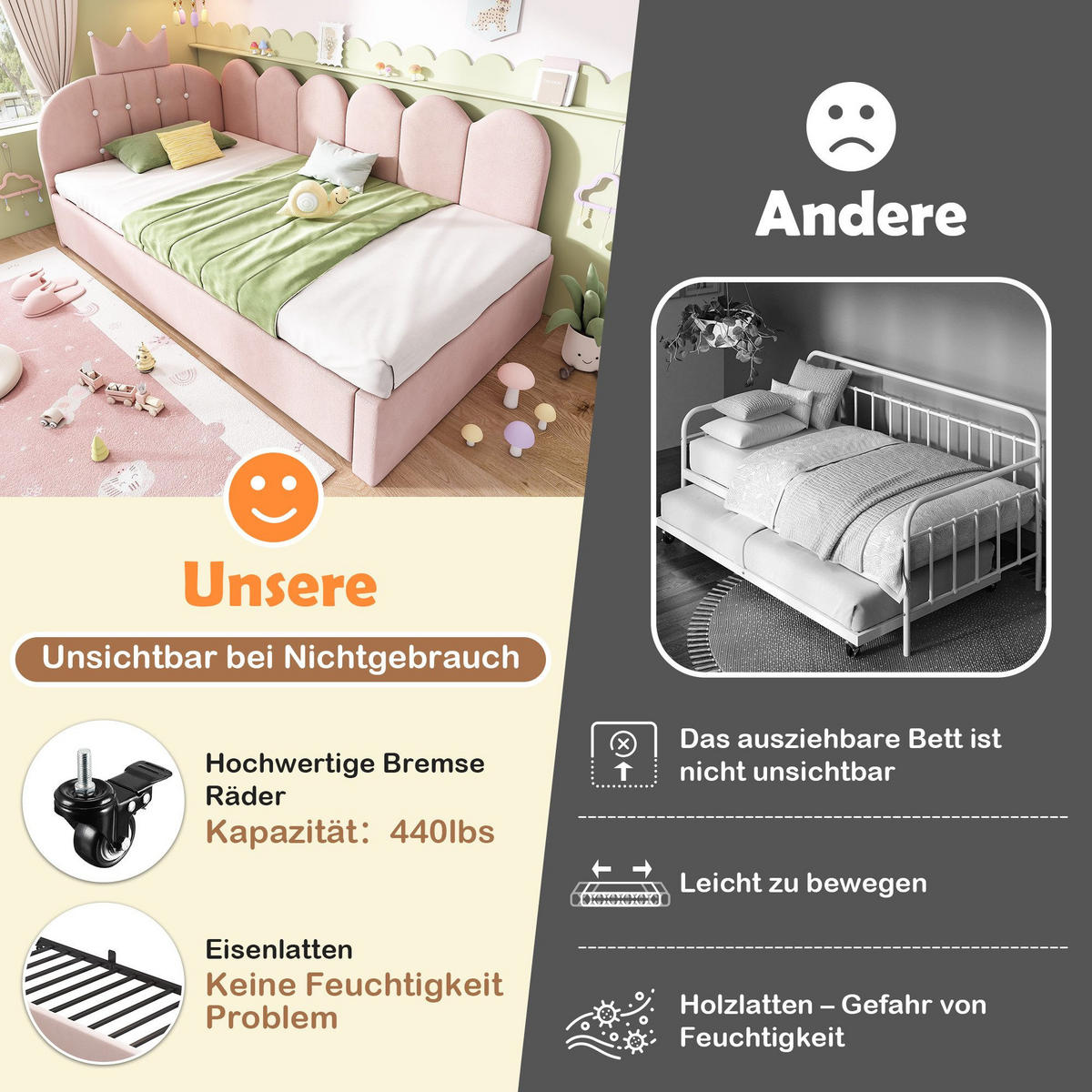 TAGESBETT 90x200cm mit Ausziehbett - Rosa, Textil (90/200cm)