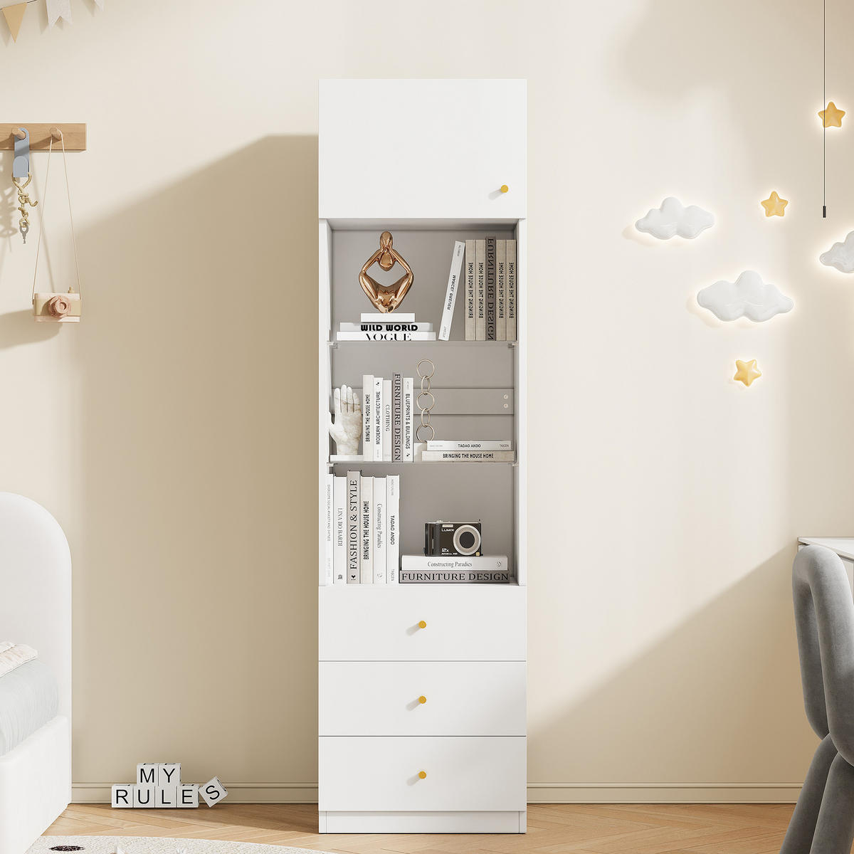 VITRINE Weiß 50×40×180 cm aus Holzwerkstoff mit verstellbaren Glasböden drei Schubladen und offenem Stauraum - Weiß, Holzwerkstoff (50/180/40cm) - Luhomfu