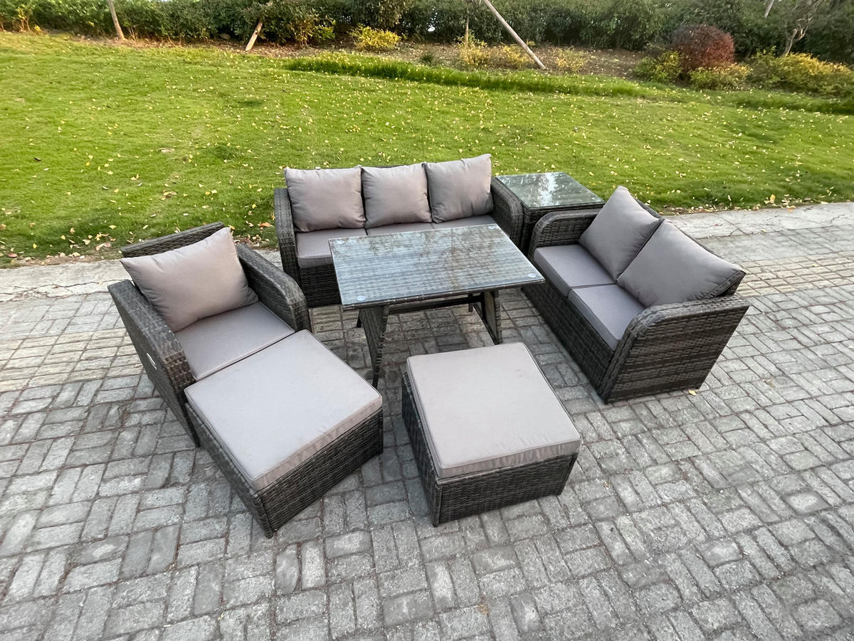 GARTENMÖBEL SET Polyrattan Dunkelgrau 8-Sitzer - Dunkelgrau/Grau, Glas/Kunststoff - Fimous