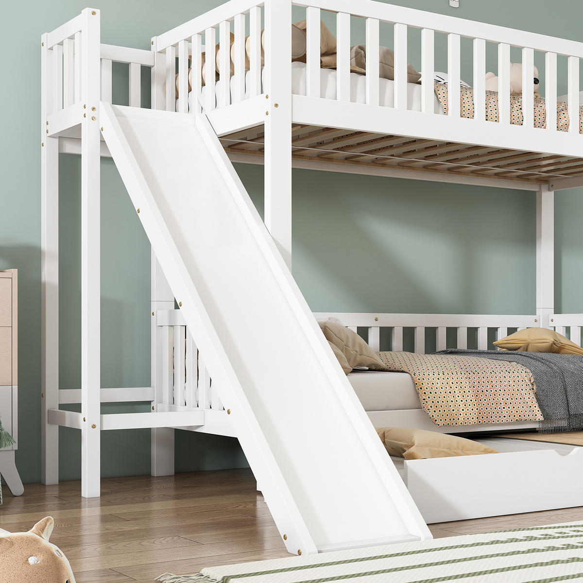 ETAGENBETT 90/200 und 90/190 cm Weiß mit Rutsche und Rollbett aus Kiefer und MDF - Weiß, Holzwerkstoff (90/200cm) - OKWISH