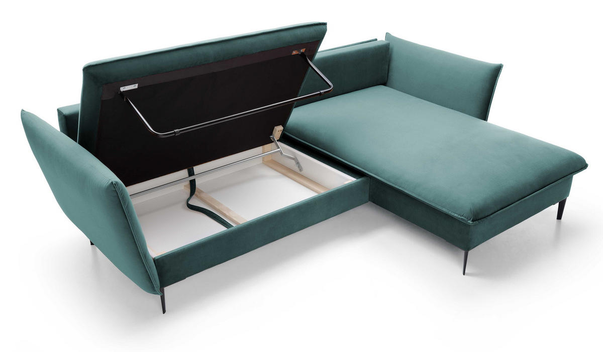 ECKSOFA Flavio mit Schlaffunktion, Bettkasten 260 cm, Rechts, Türkis - Türkis, Holz (167/258cm) - Emporius