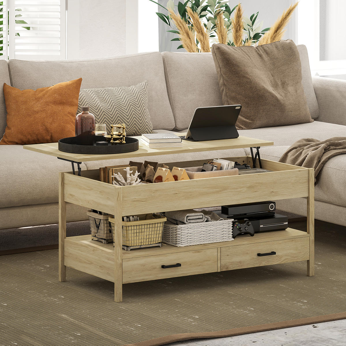 COUCHTISCH DE-15779 höhenverstellbare Platte Eiche - Eichefarben, Holzwerkstoff (100/50/62cm) - ComfortXL